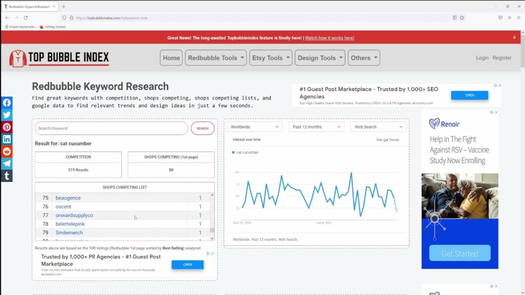 Topbubbleindex Etsy keyword research tool review